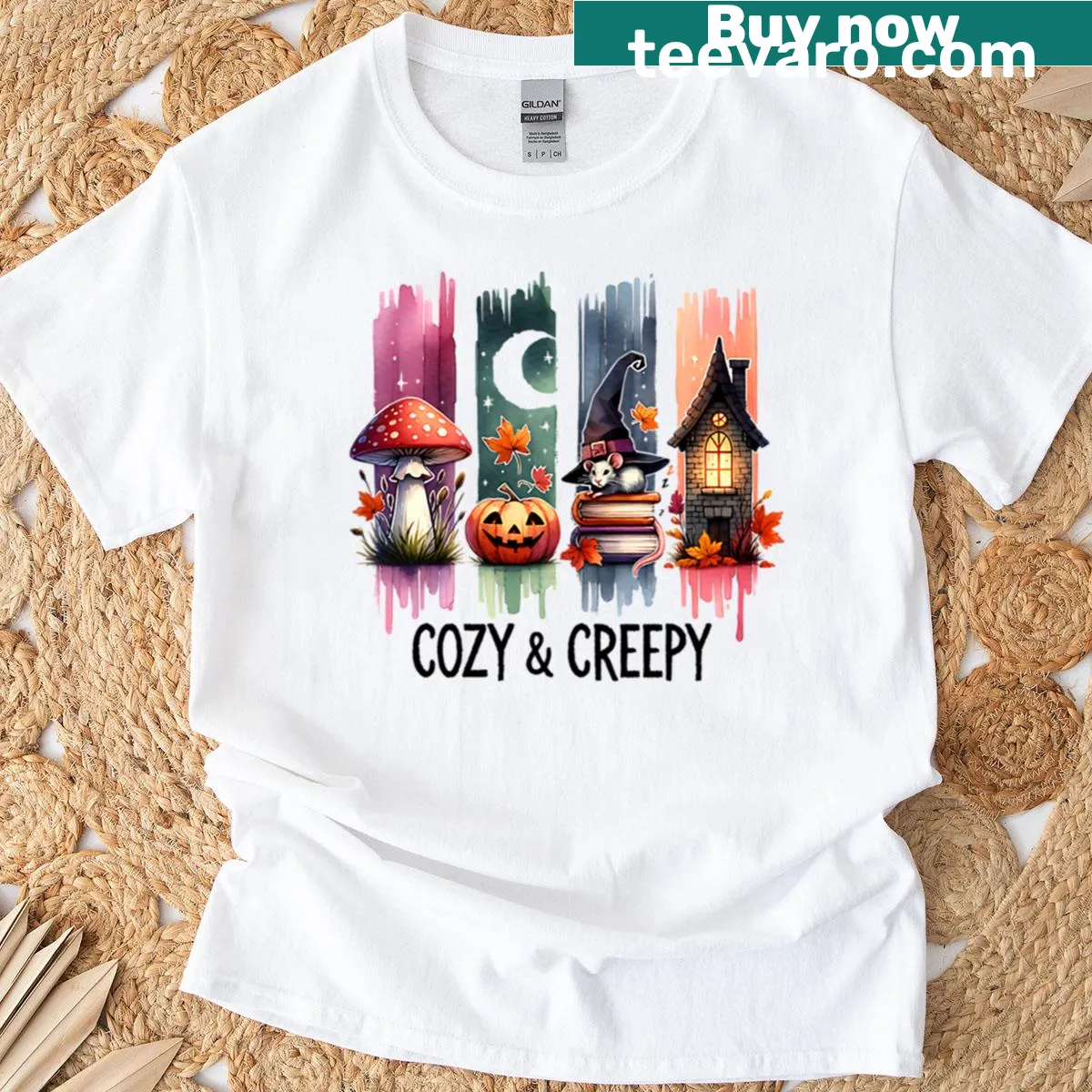 Cute Halloween t-shirt with witchy ghosts, pumpkins, and bats in art style — on a men's t-shirt