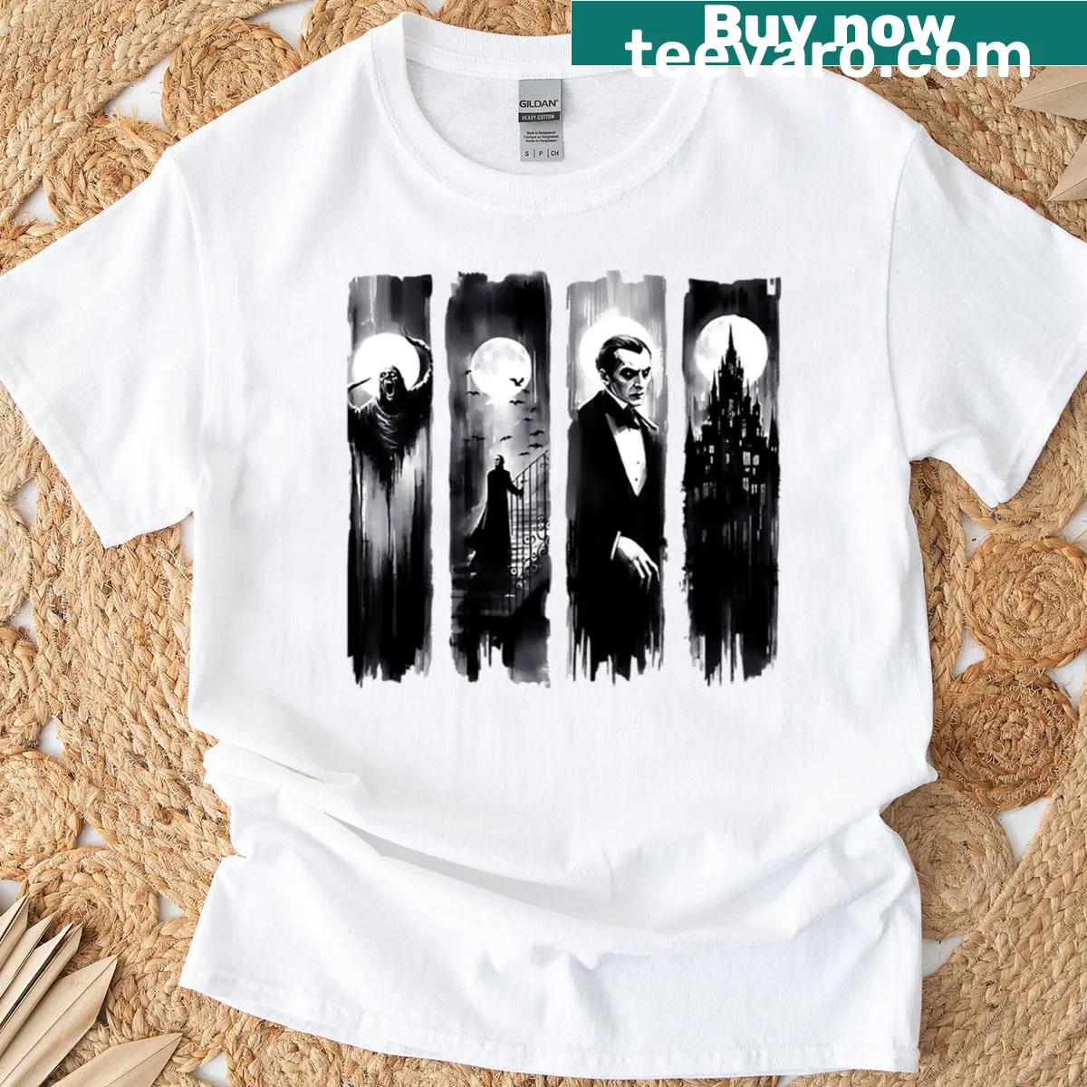 Halloween T-shirt with Nosferatu, bats, pumpkins, and ghosts — on a men's t-shirt