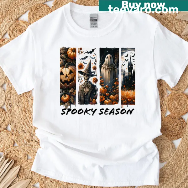Halloween t-shirt featuring witchy ghosts, pumpkins, and bats in artistic design