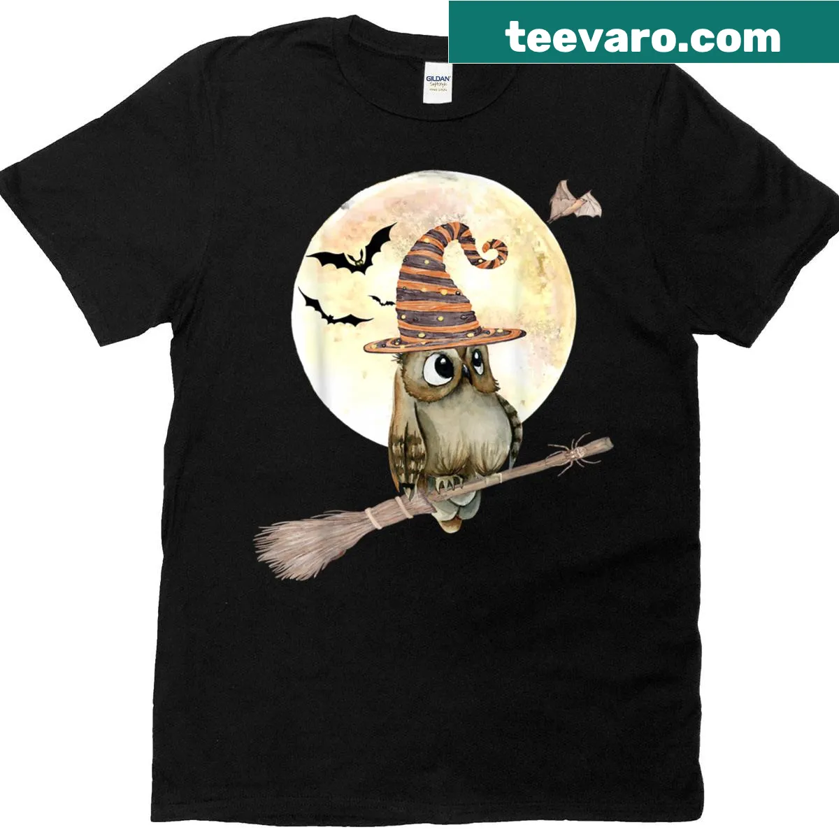 Whimsical Halloween owl with witch hat and bats graphic t-shirt — on a men's t-shirt