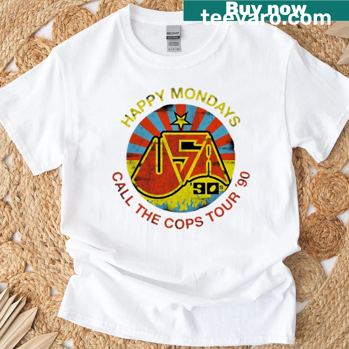 1990s vibe t-shirt featuring Happy Mondays and Call The Cops design — on a men's t-shirt