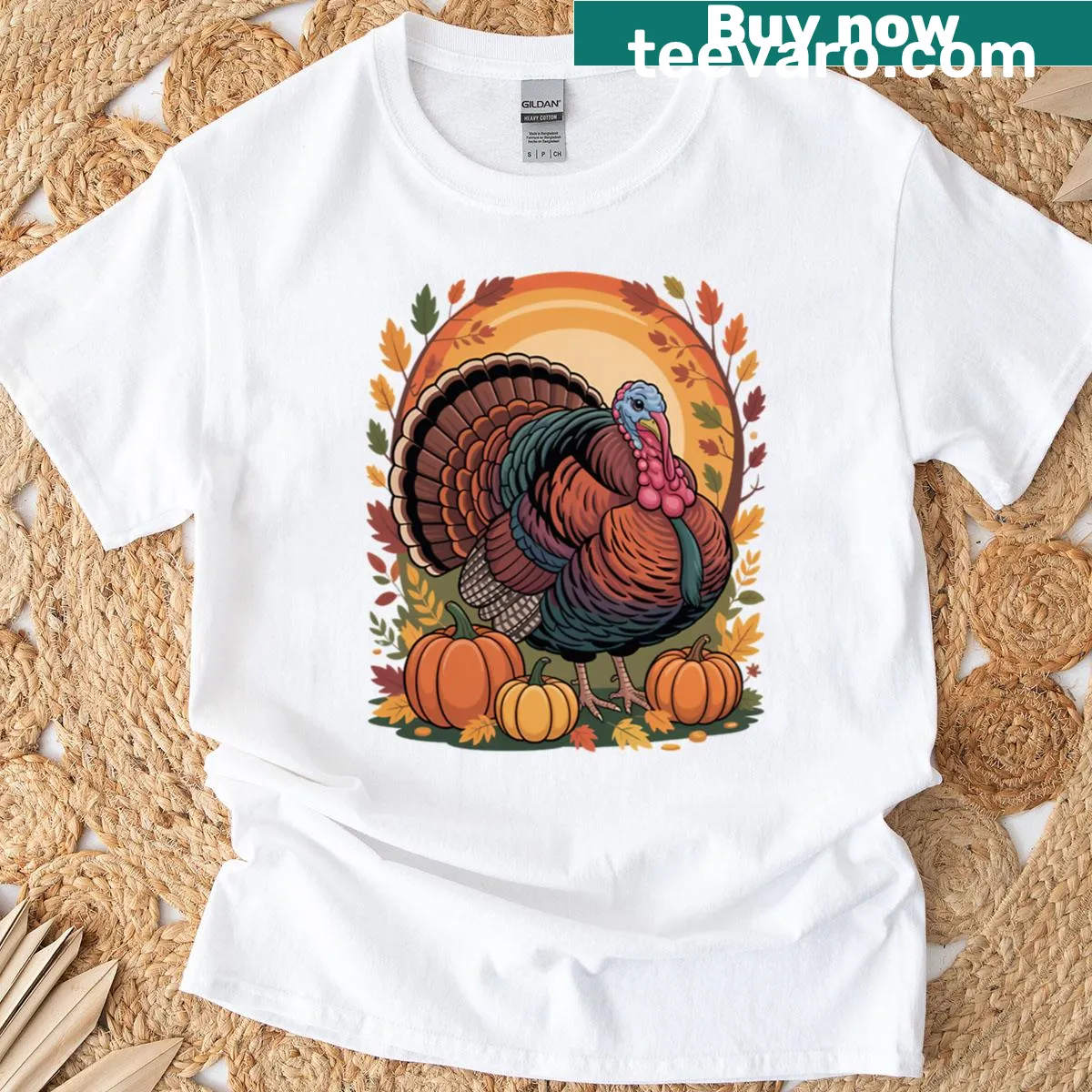 Festive Thanksgiving T-shirt with a turkey and fall leaves design — on a men's t-shirt