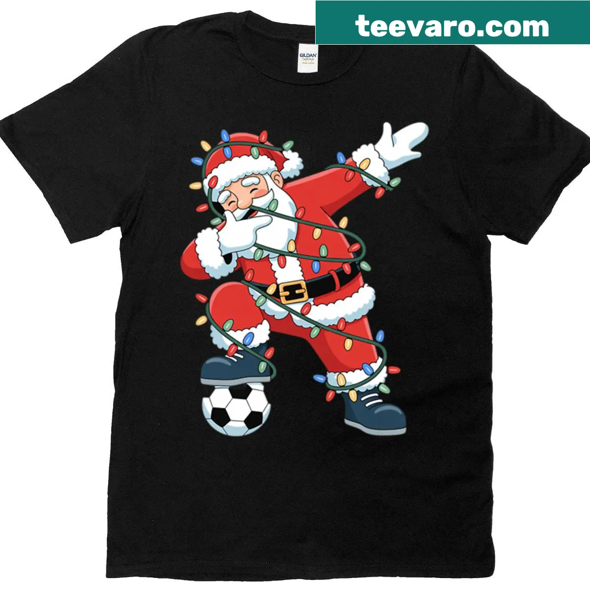 Playful T-shirt featuring a dabbing Santa celebrating Christmas with a soccer theme. — on a men's t-shirt