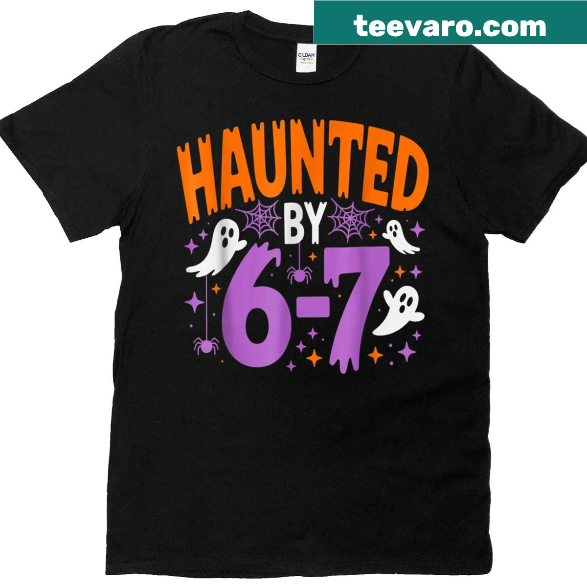 Funny Halloween T-shirt with text 'Haunted By 67' — on a men's t-shirt