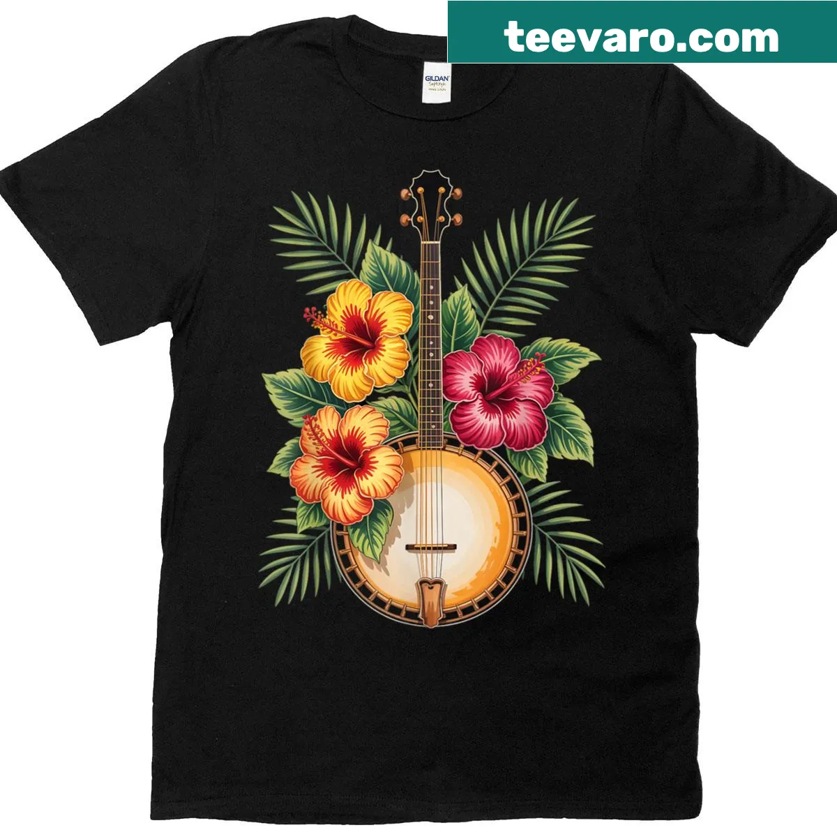 Banjo-themed t-shirt celebrating bluegrass music — on a men's t-shirt