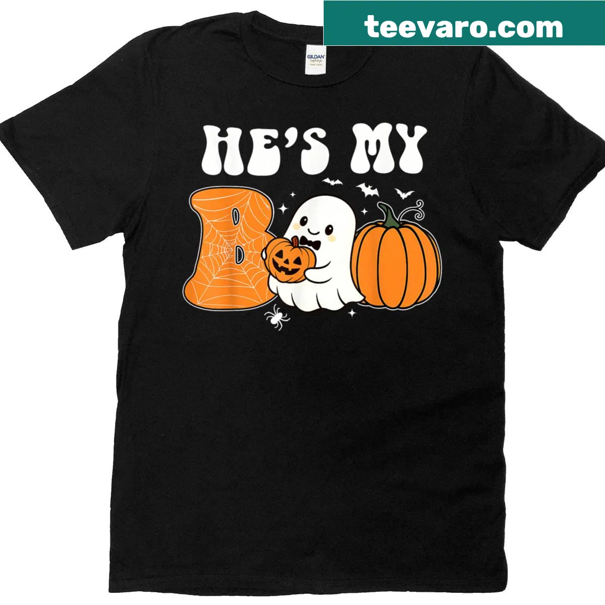Funny Halloween couples T-shirt with 'He's My Boo' text — on a men's t-shirt