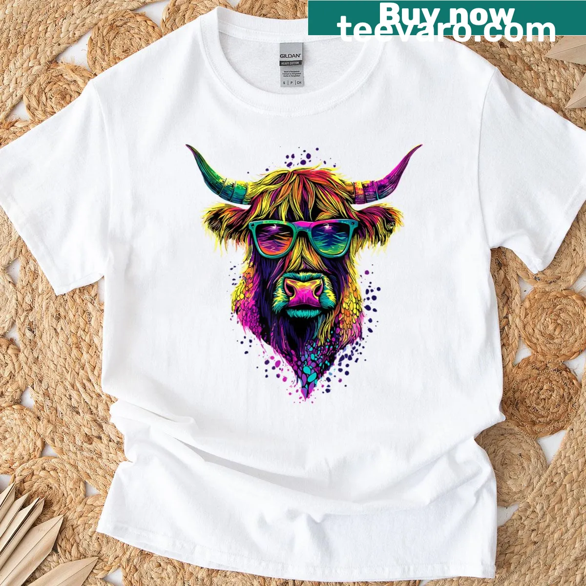 Cute T-shirt featuring an illustration of a Highland cow — on a men's t-shirt