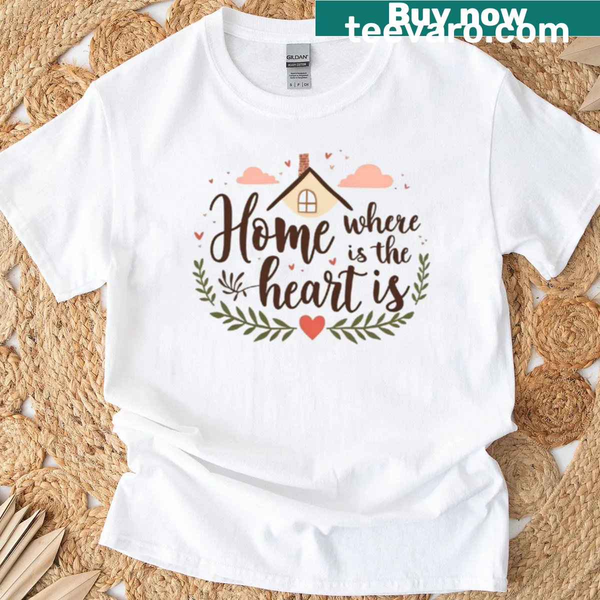 Text design reading 'Home Is Where The Heart Is' on a t-shirt — on a men's t-shirt