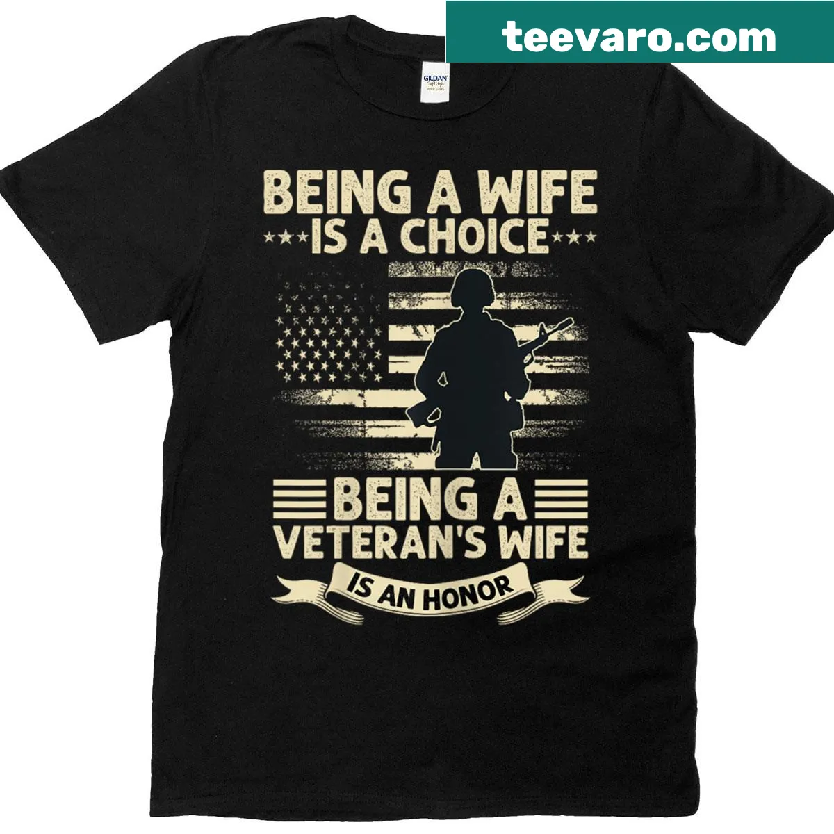 Patriotic t-shirt for veterans' wives with American flag design — on a men's t-shirt