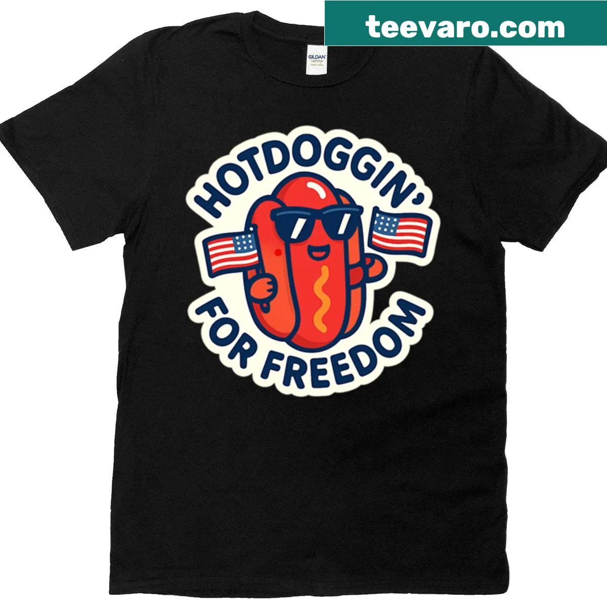 Funny patriotic T-shirt featuring a playful hotdog design — on a men's t-shirt