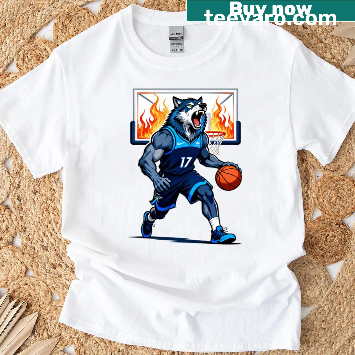 Basketball t-shirt with a fierce howling wolf mascot design — on a men's t-shirt