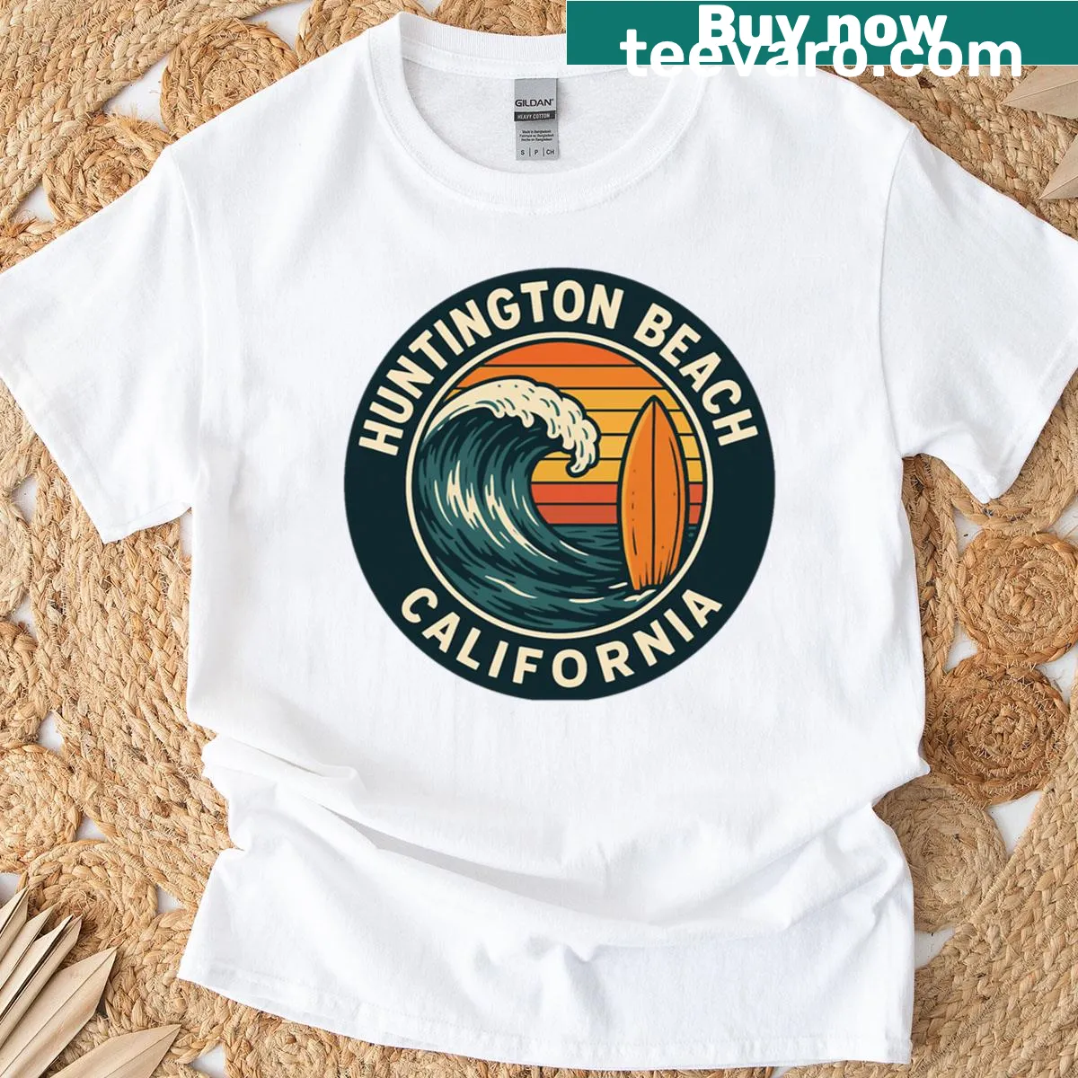 Surf culture t-shirt with Huntington Beach circle design — on a men's t-shirt