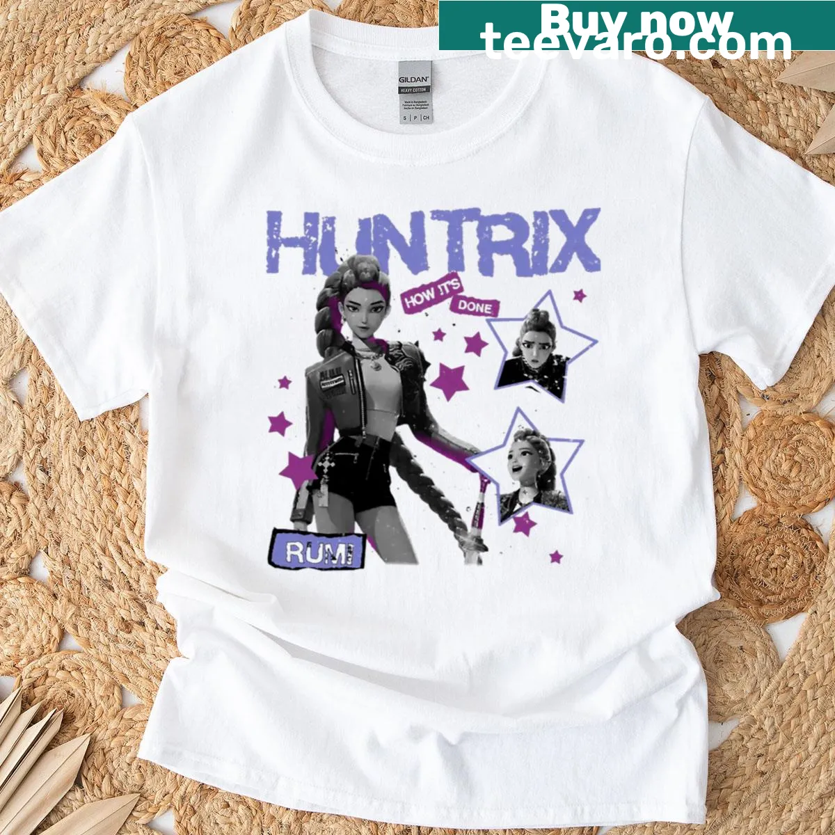Retro T-shirt featuring 'Huntrix Rumi How Its Done' text — on a men's t-shirt