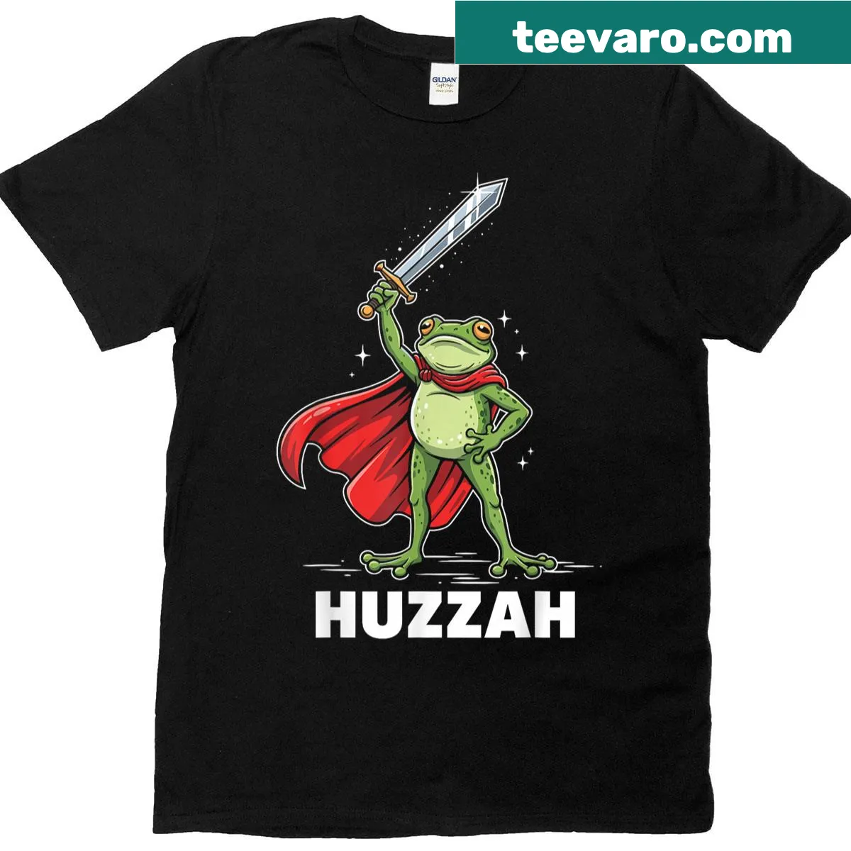 Funny frog knight graphic with sword and Huzzah quote — on a men's t-shirt