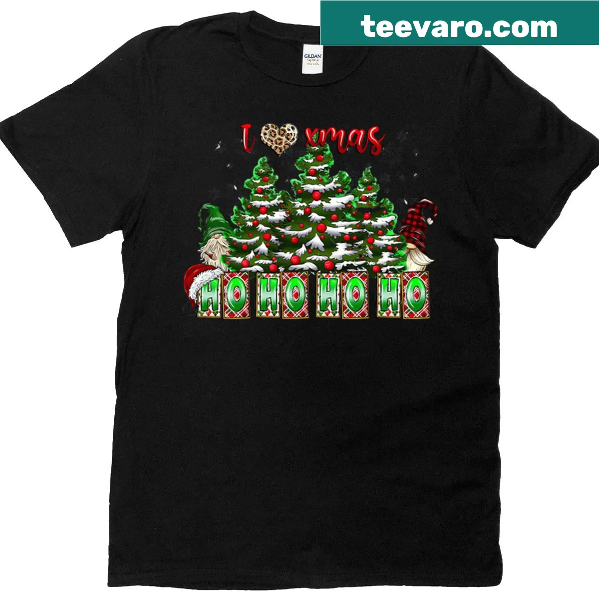 Christmas T-shirt with Ho Ho Ho text and gnome graphics. — on a men's t-shirt