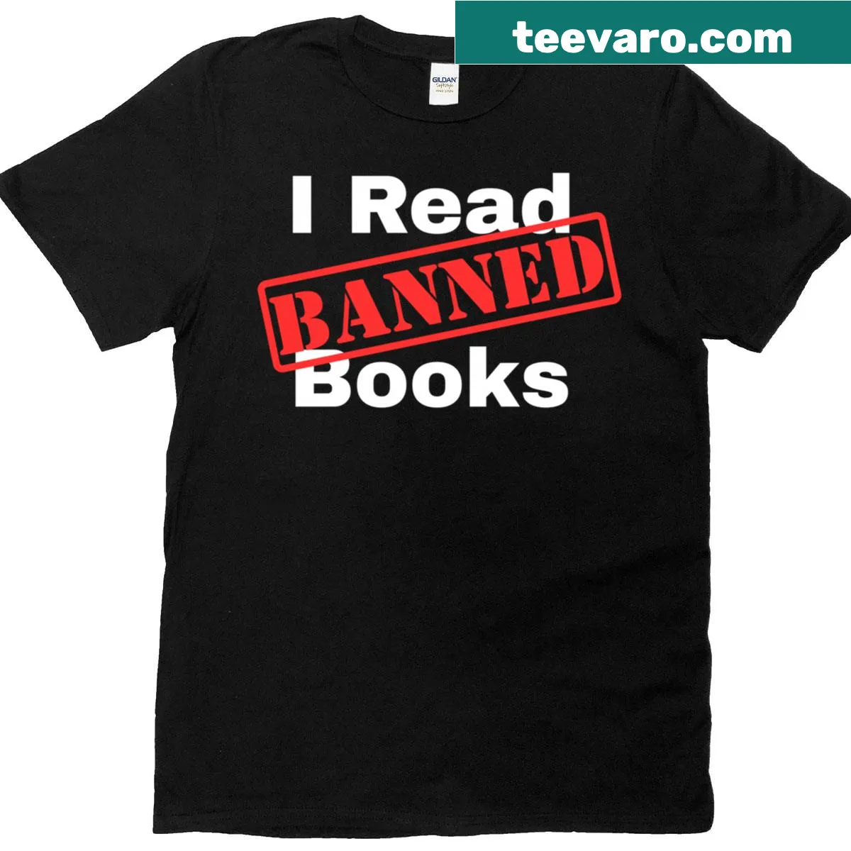 T-shirt with 'I Read Banned Books' text and red stamp design — on a men's t-shirt