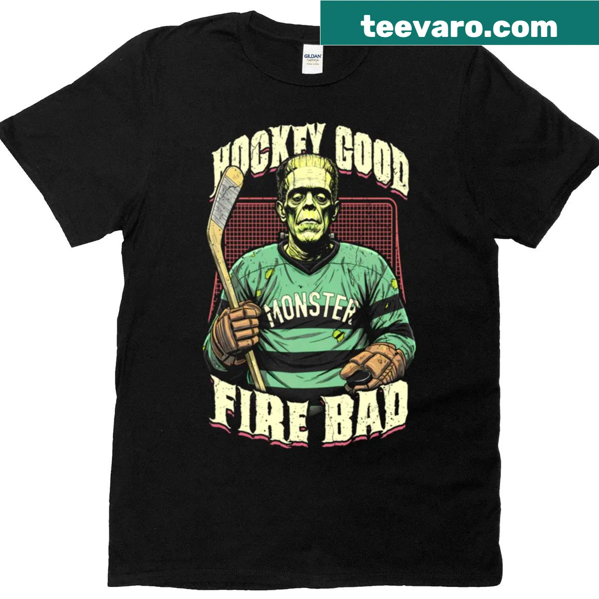Funny Halloween ice hockey player t-shirt with Frankenstein theme — on a men's t-shirt