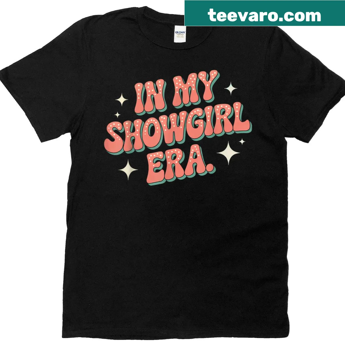 Retro showgirl themed graphic t-shirt with burlesque design — on a men's t-shirt