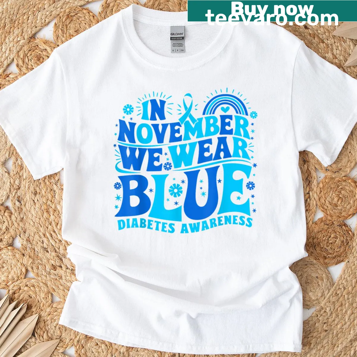 Blue ribbon diabetes awareness T-shirt with supportive message — on a men's t-shirt