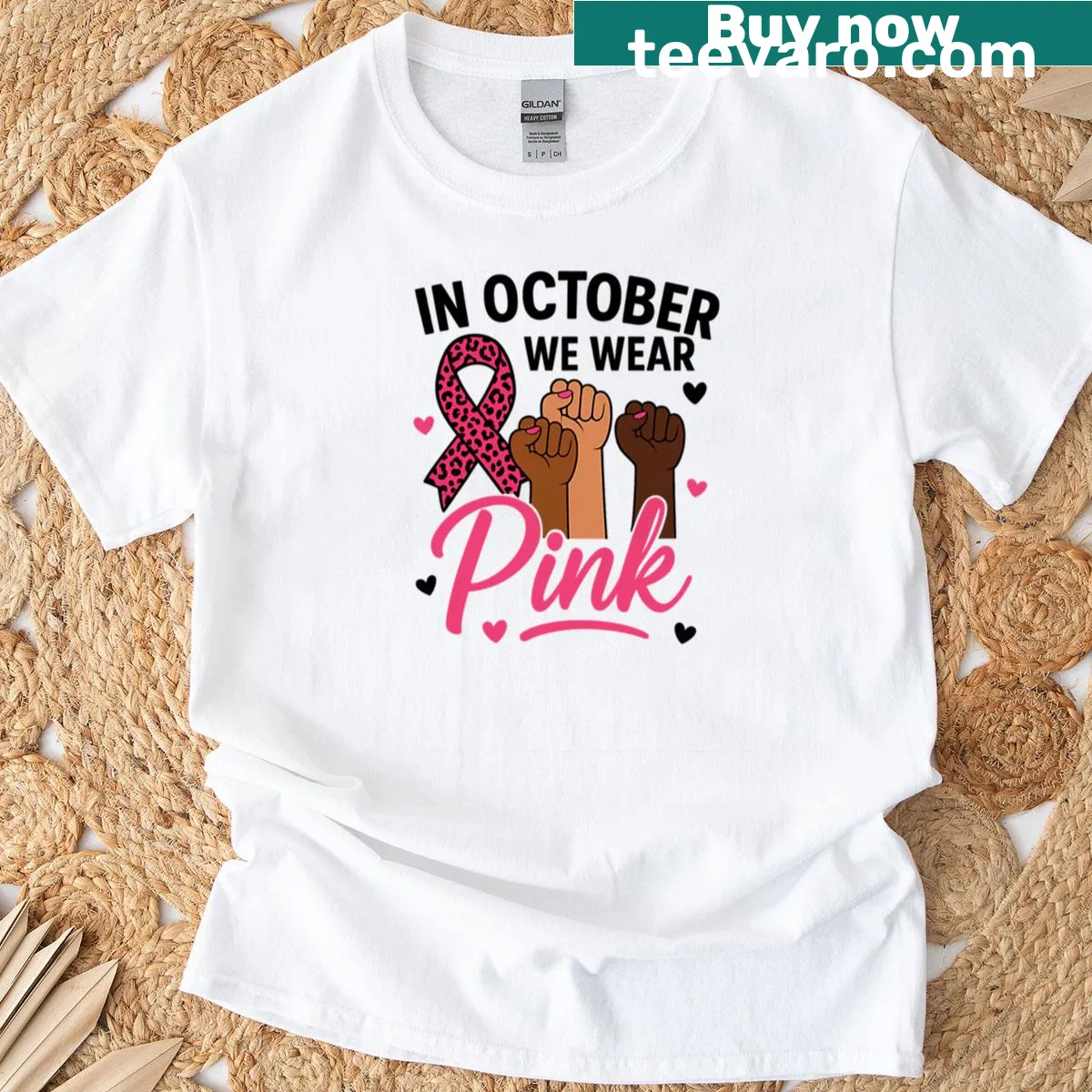 Pink leopard ribbon and unity fists illustration on T-shirt — on a men's t-shirt
