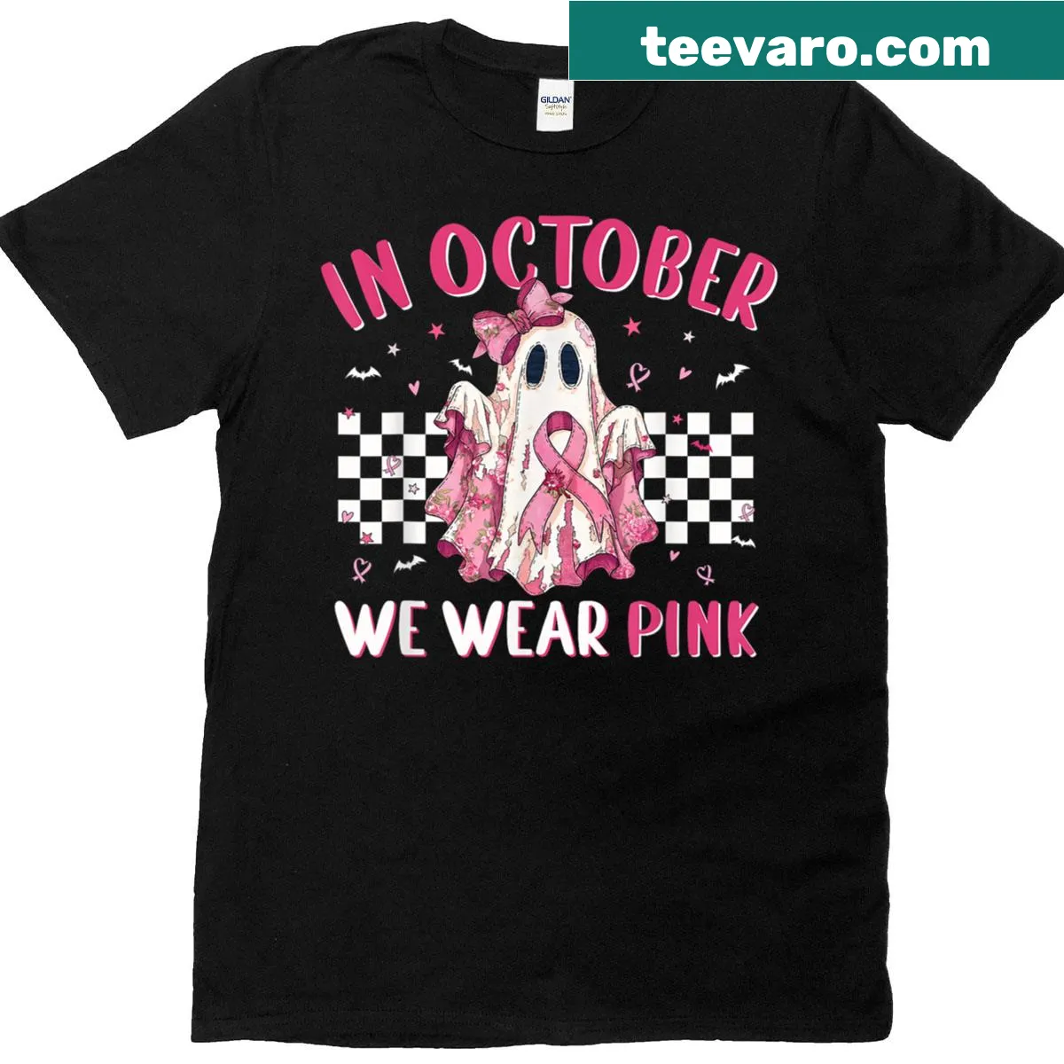 Halloween t-shirt featuring cute ghosts and a pink ribbon — on a men's t-shirt