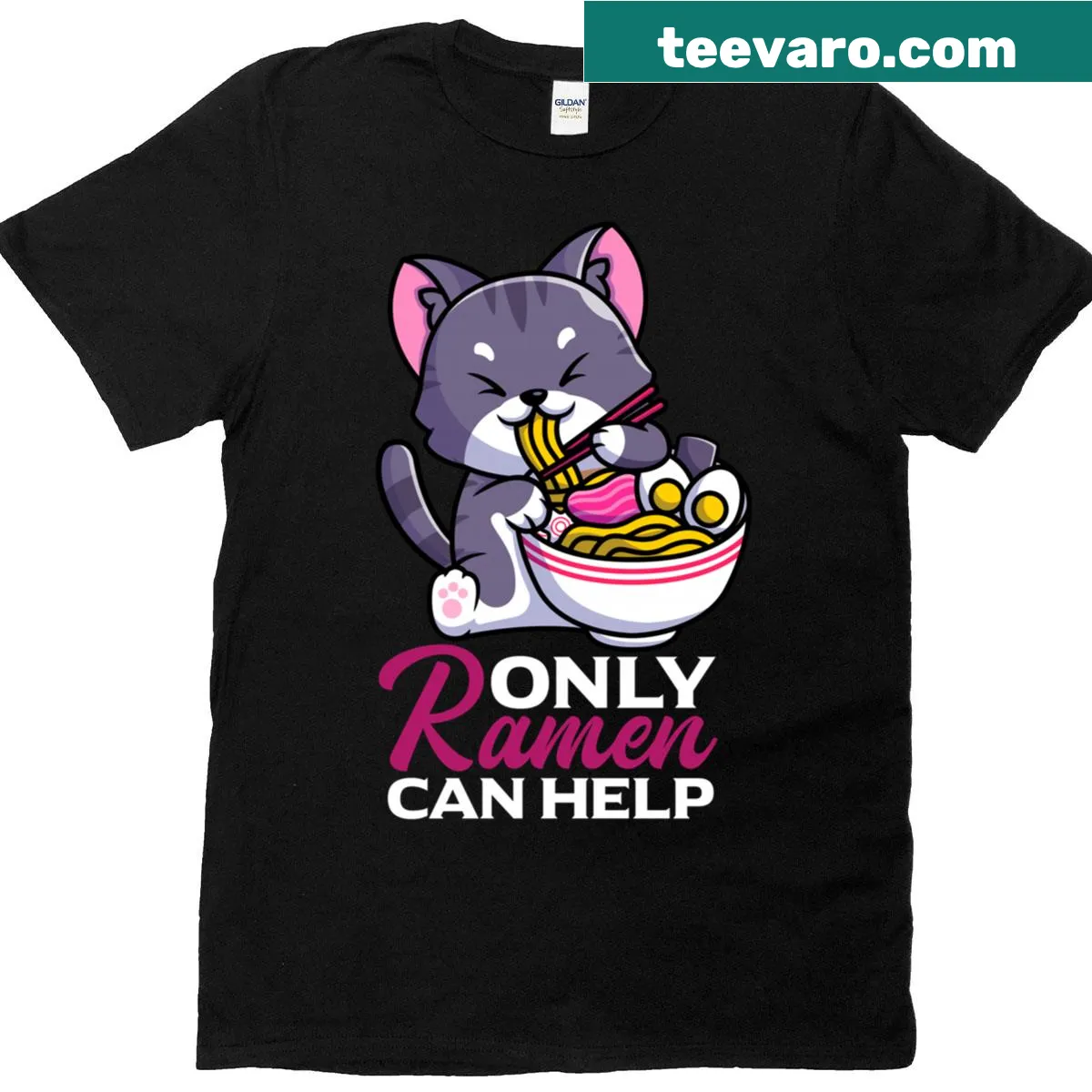T-shirt featuring a cat in a bowl of ramen in anime style. — on a men's t-shirt
