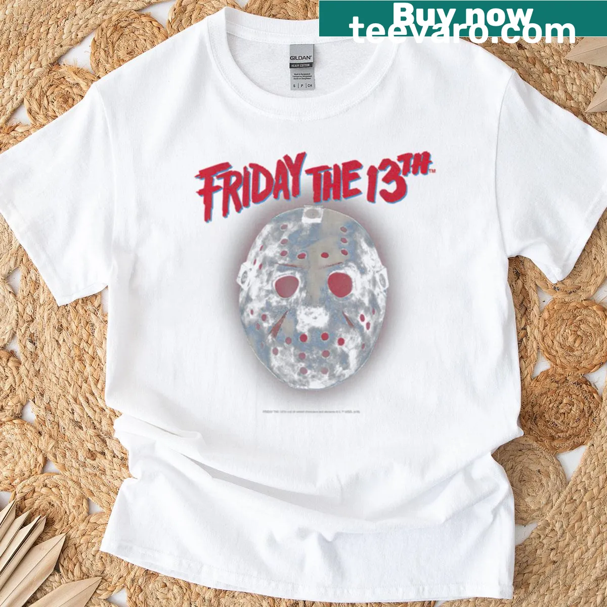 Moon phase graphic with a stylized Jason face on a t-shirt — on a men's t-shirt