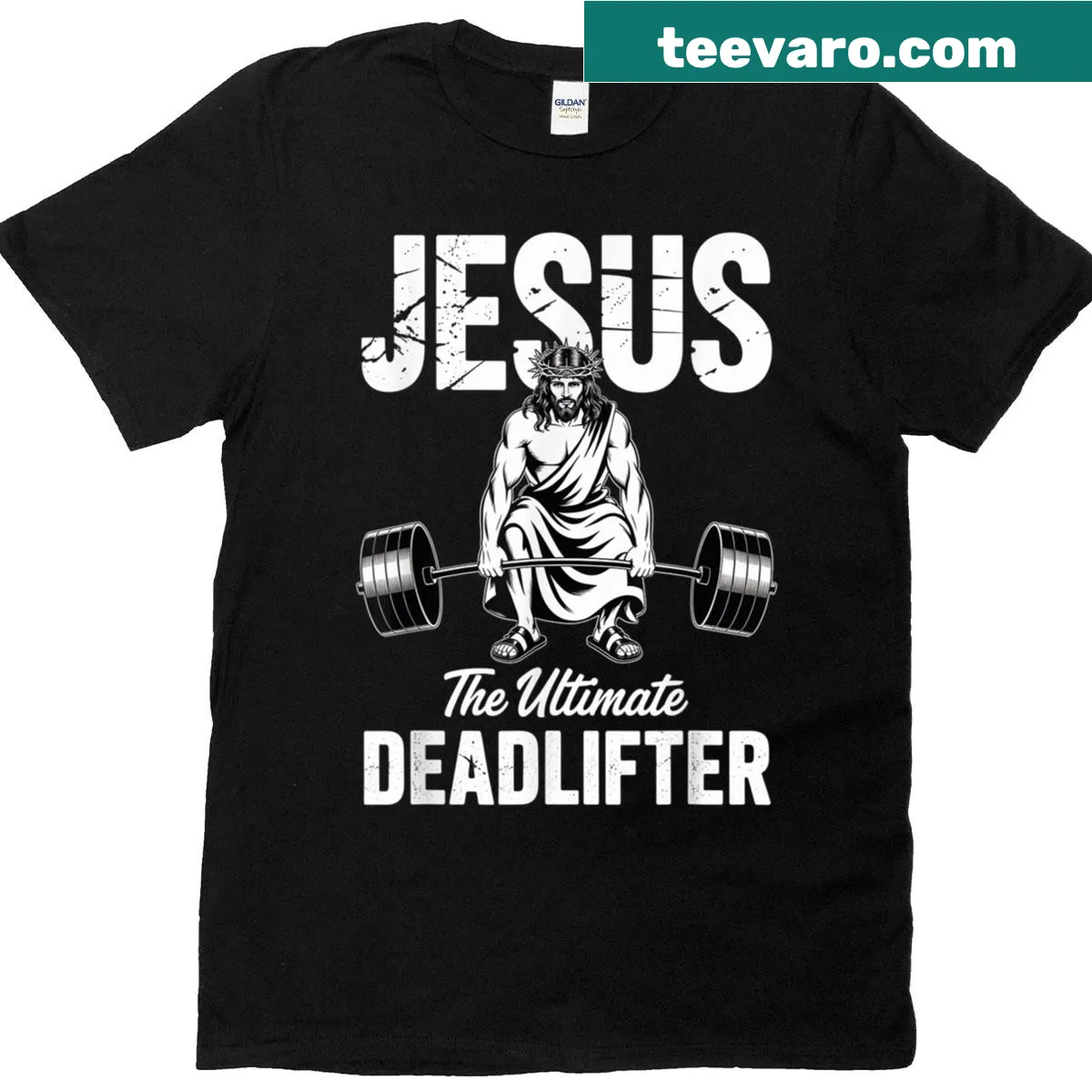 Funny Christian gym shirt with deadlifter pun about Jesus — on a men's t-shirt
