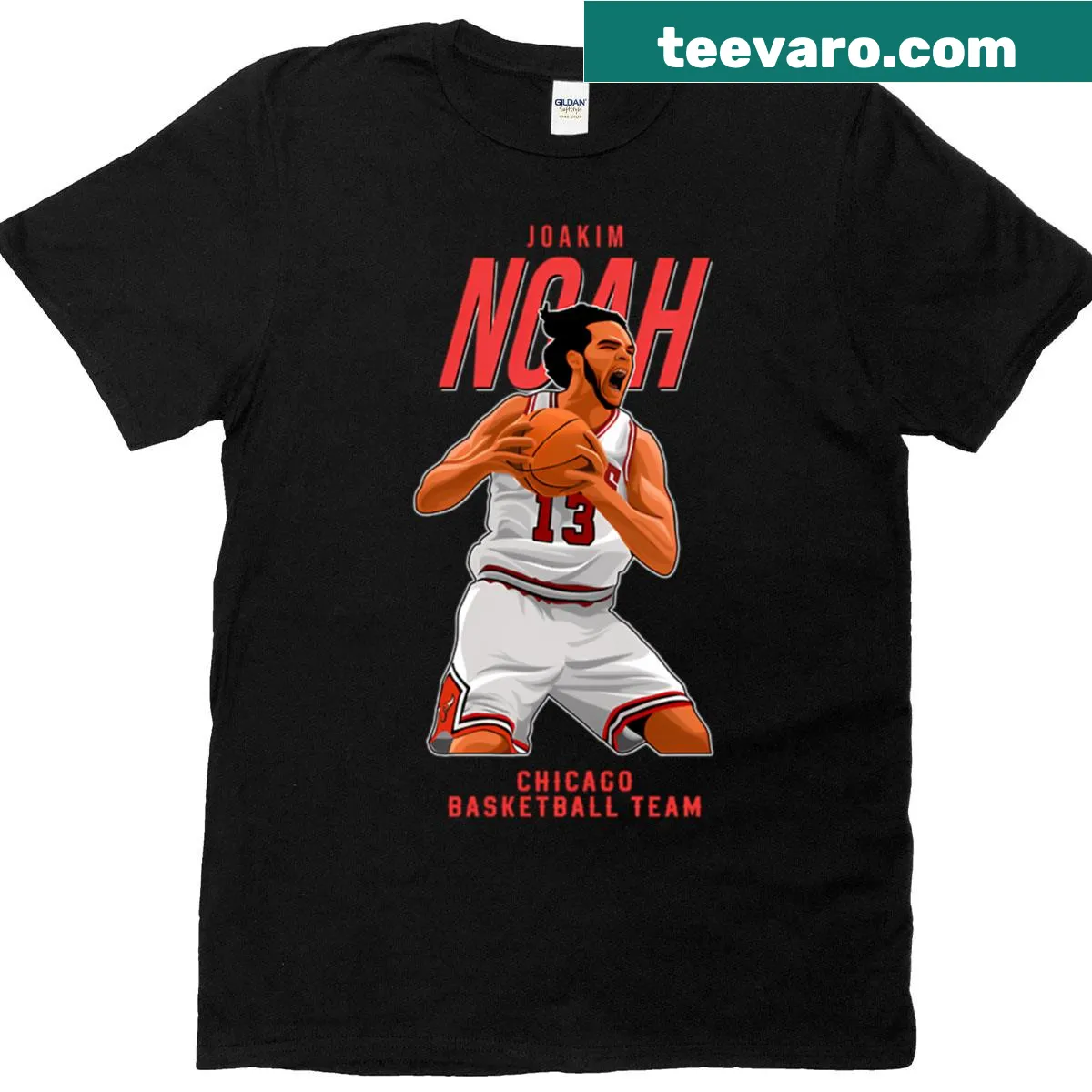 Joakim Noah 13 graphic on a Chicago basketball T-shirt — on a men's t-shirt