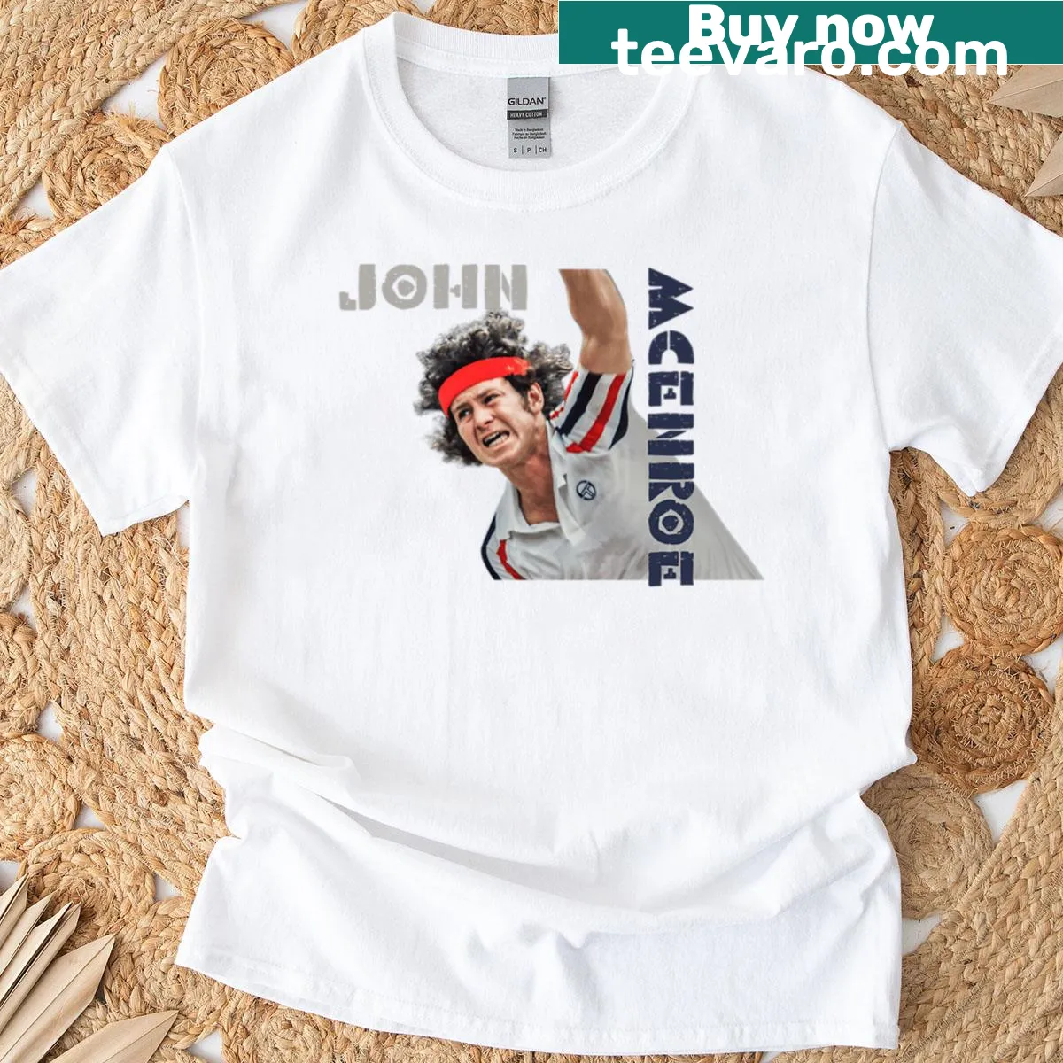 Illustration t-shirt of John McEnroe in tennis action — on a men's t-shirt