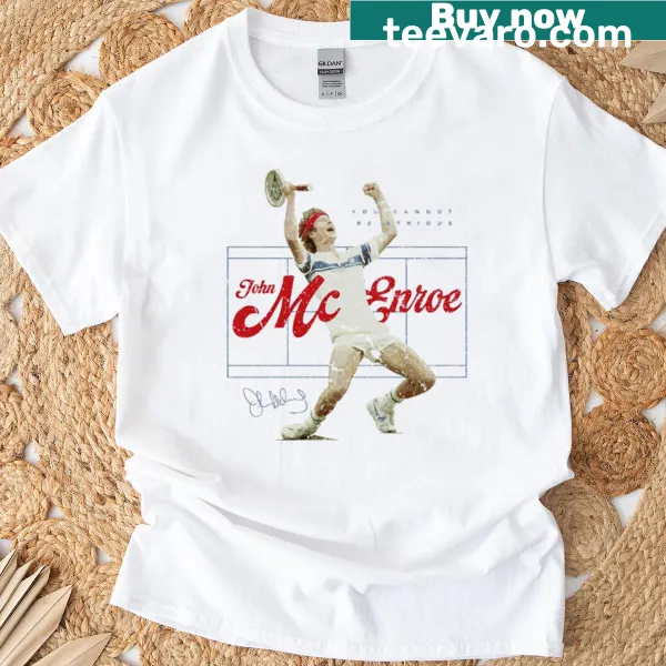 Illustration of John McEnroe celebrating in a victory pose on a T-shirt.