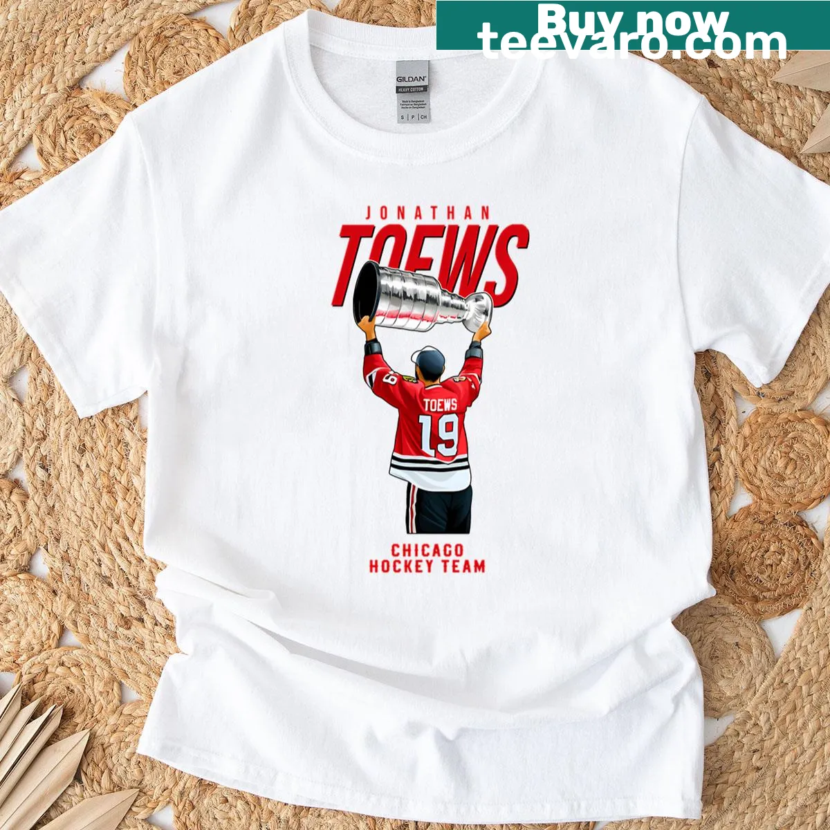 T-shirt featuring Jonathan Toews' name and number 19 for Chicago hockey — on a men's t-shirt
