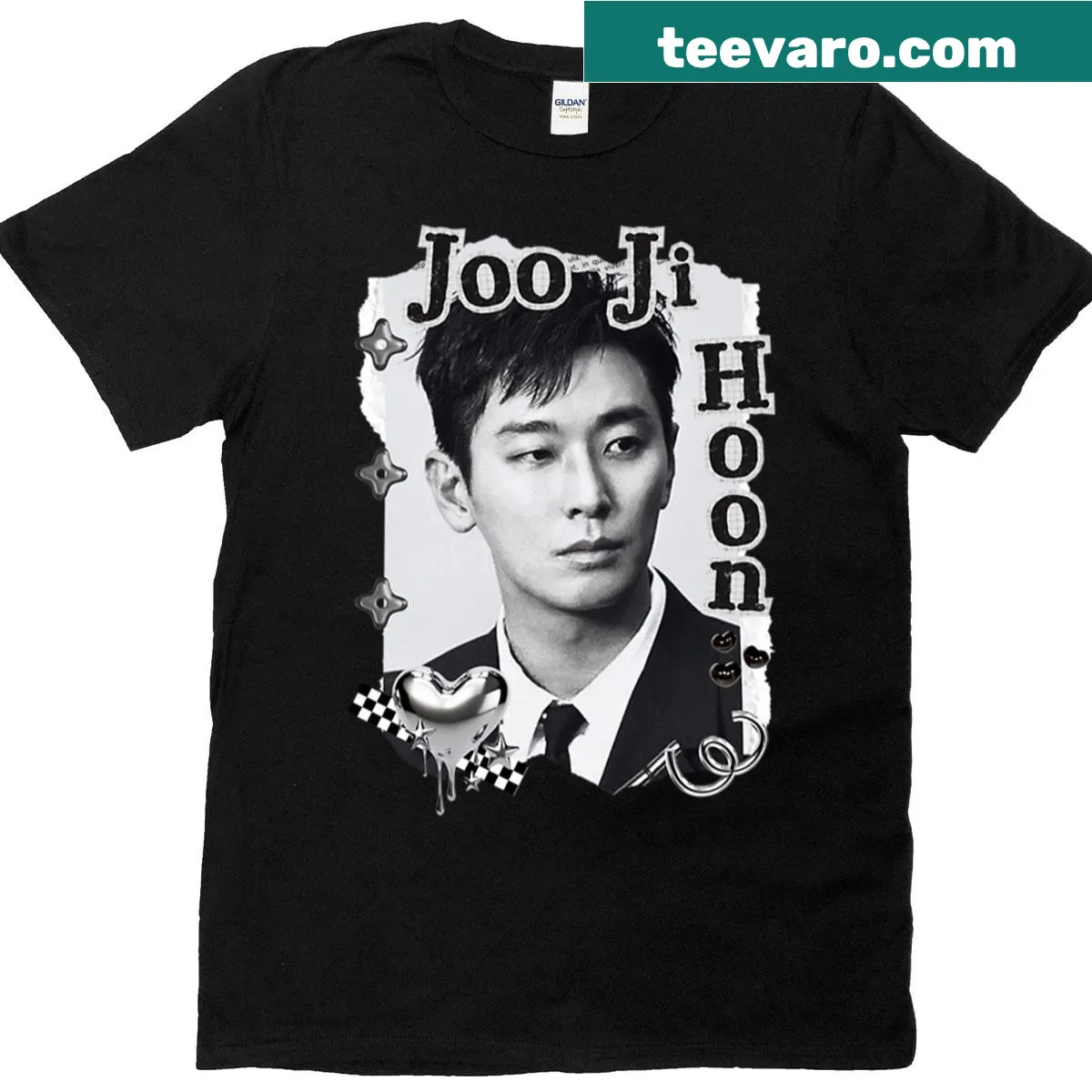 Black and white collage t-shirt featuring Korean actor Joo Ji-hoon. — on a men's t-shirt