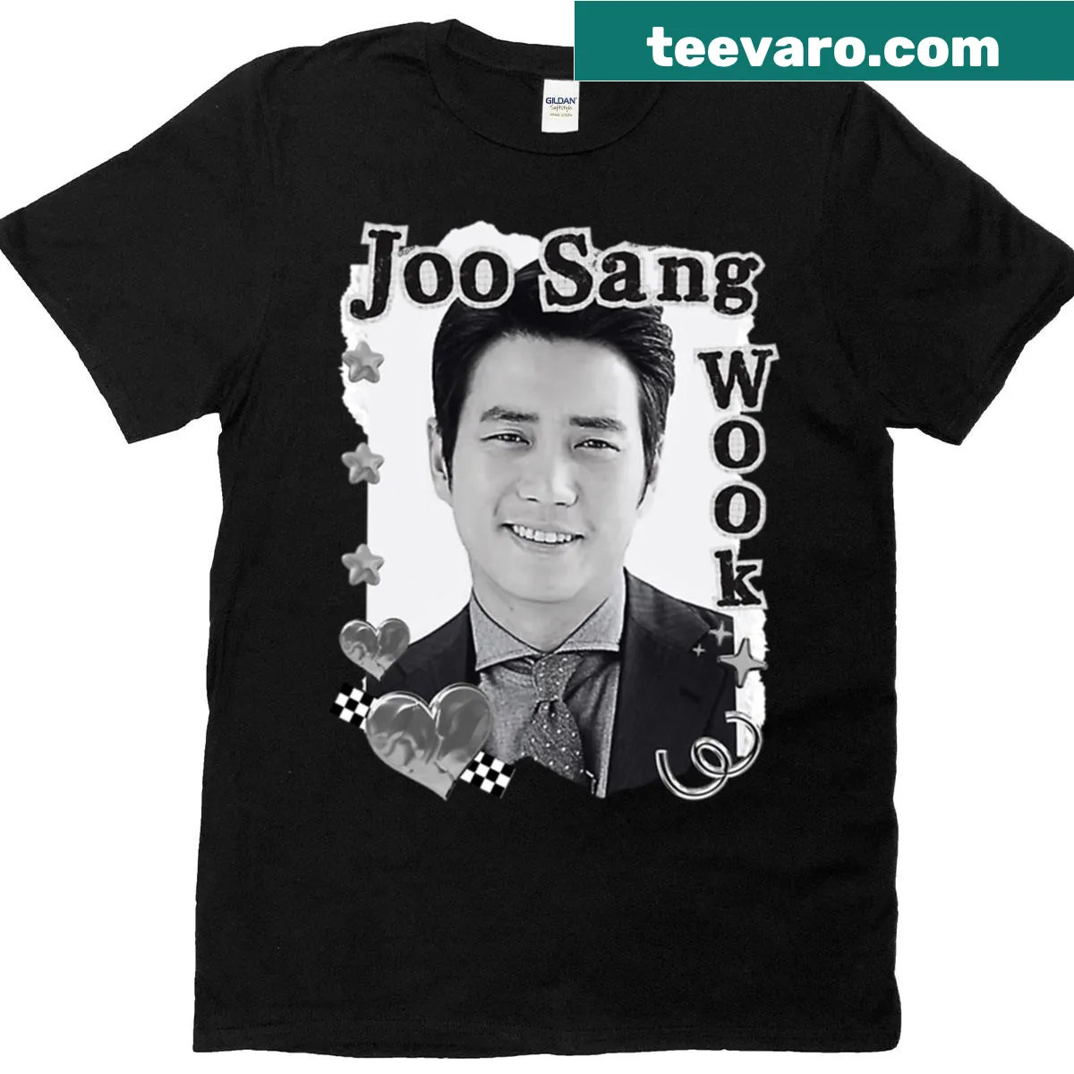Black and white collage t-shirt featuring Korean actor Joo Sang-wook. — on a men's t-shirt
