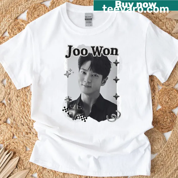 Black and white digital art portrait of Joo Won on a t-shirt