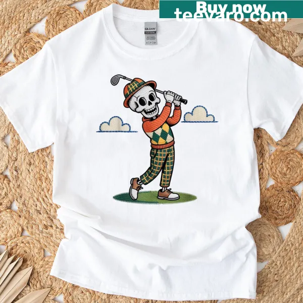 Funny skeleton golfer graphic for Halloween T-shirt