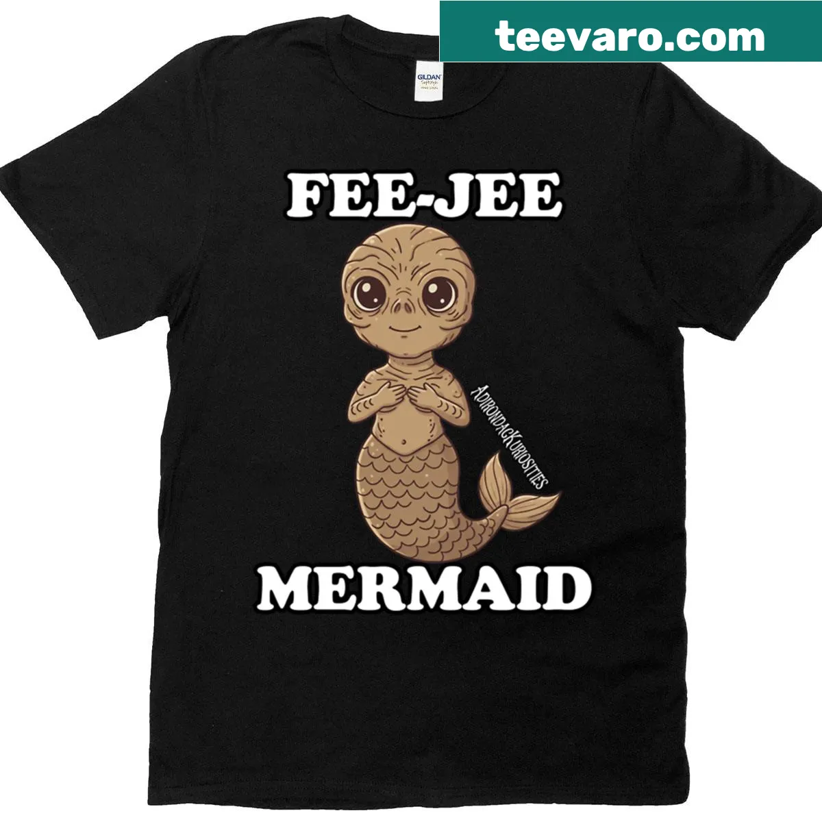 Kawaii-style mermaid covering graphic on a T-shirt — on a men's t-shirt