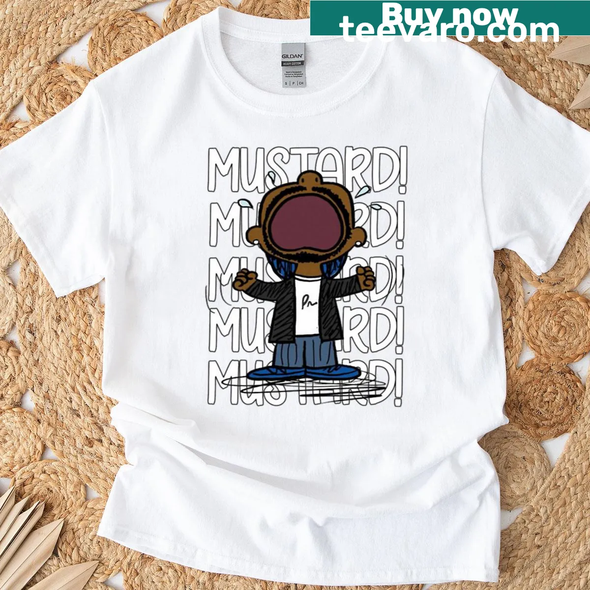 Humorous Kendrick Lamar t-shirt featuring the mustard meme and album references — on a men's t-shirt
