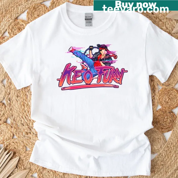 Dynamic graphic of Keo from Kung Fury on an action-oriented t-shirt
