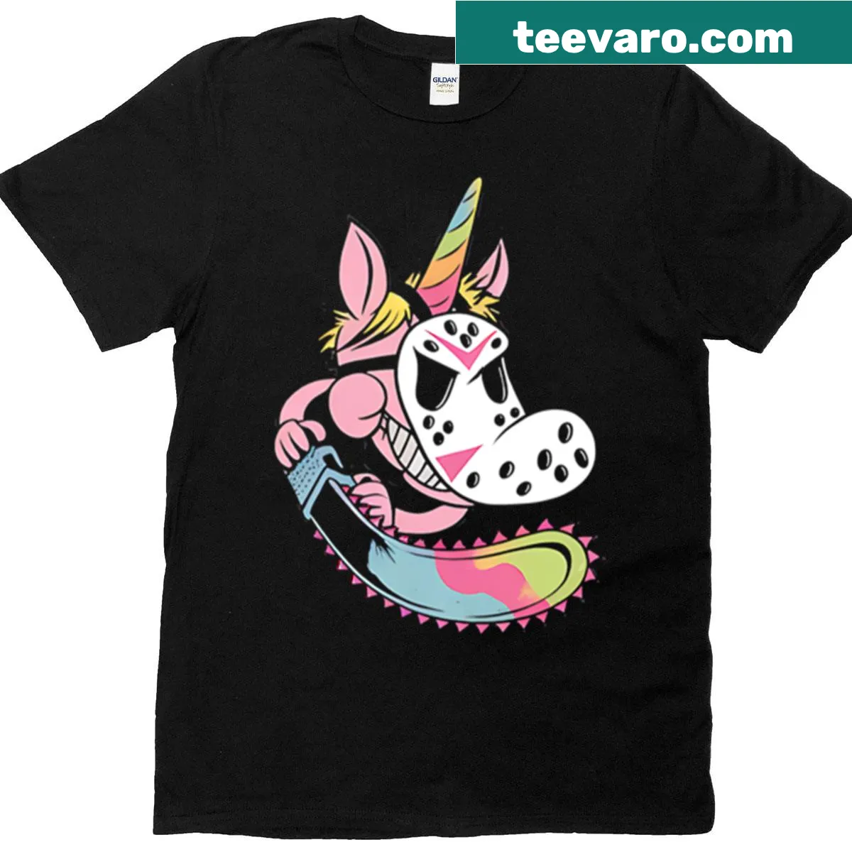 Cute t-shirt featuring a cartoon killer unicorn design — on a men's t-shirt