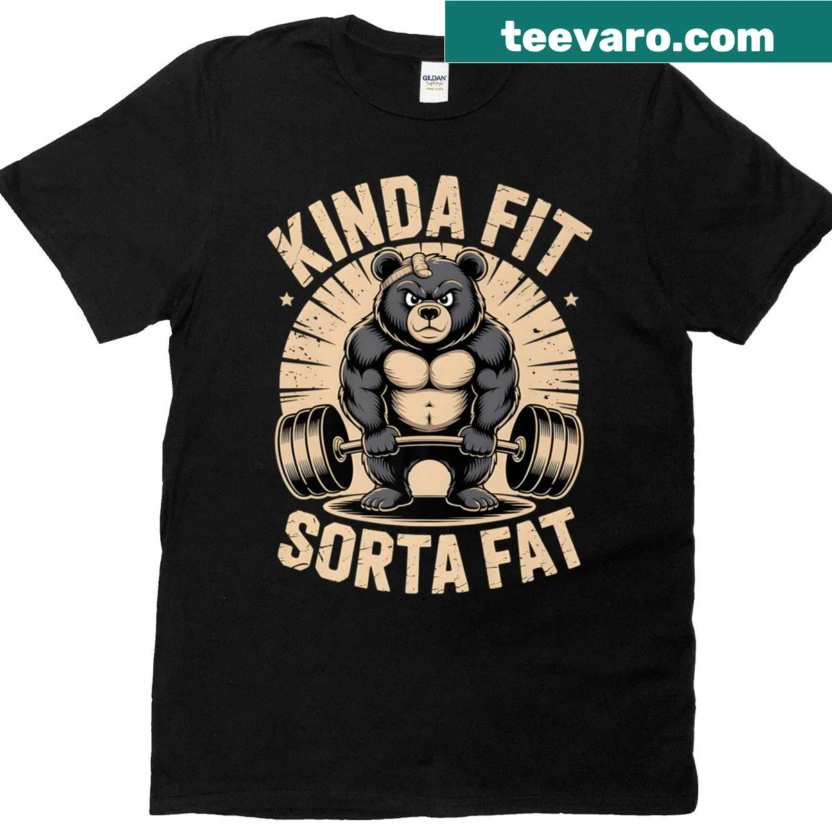 Bear lifting weights with the phrase 'Kinda Fit Sorta Fat' in a playful design — on a men's t-shirt