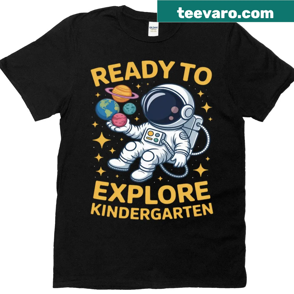 Cartoon astronaut graphic T-shirt for kindergarten kids — on a men's t-shirt
