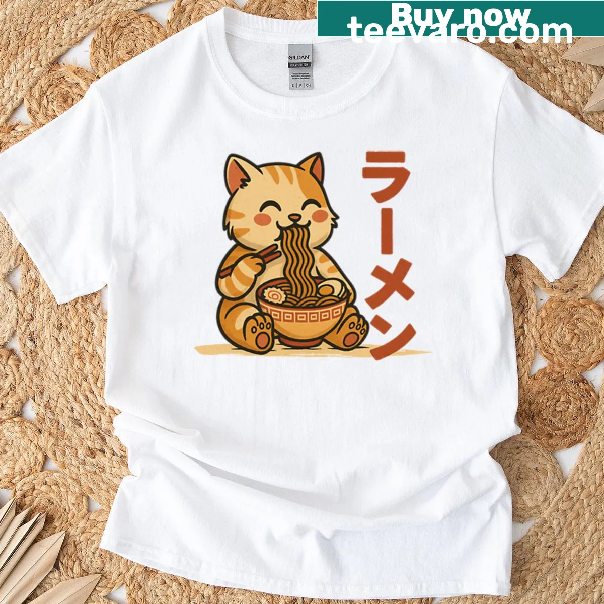 Cartoon graphic of a cat in noodles on a T-shirt — on a men's t-shirt