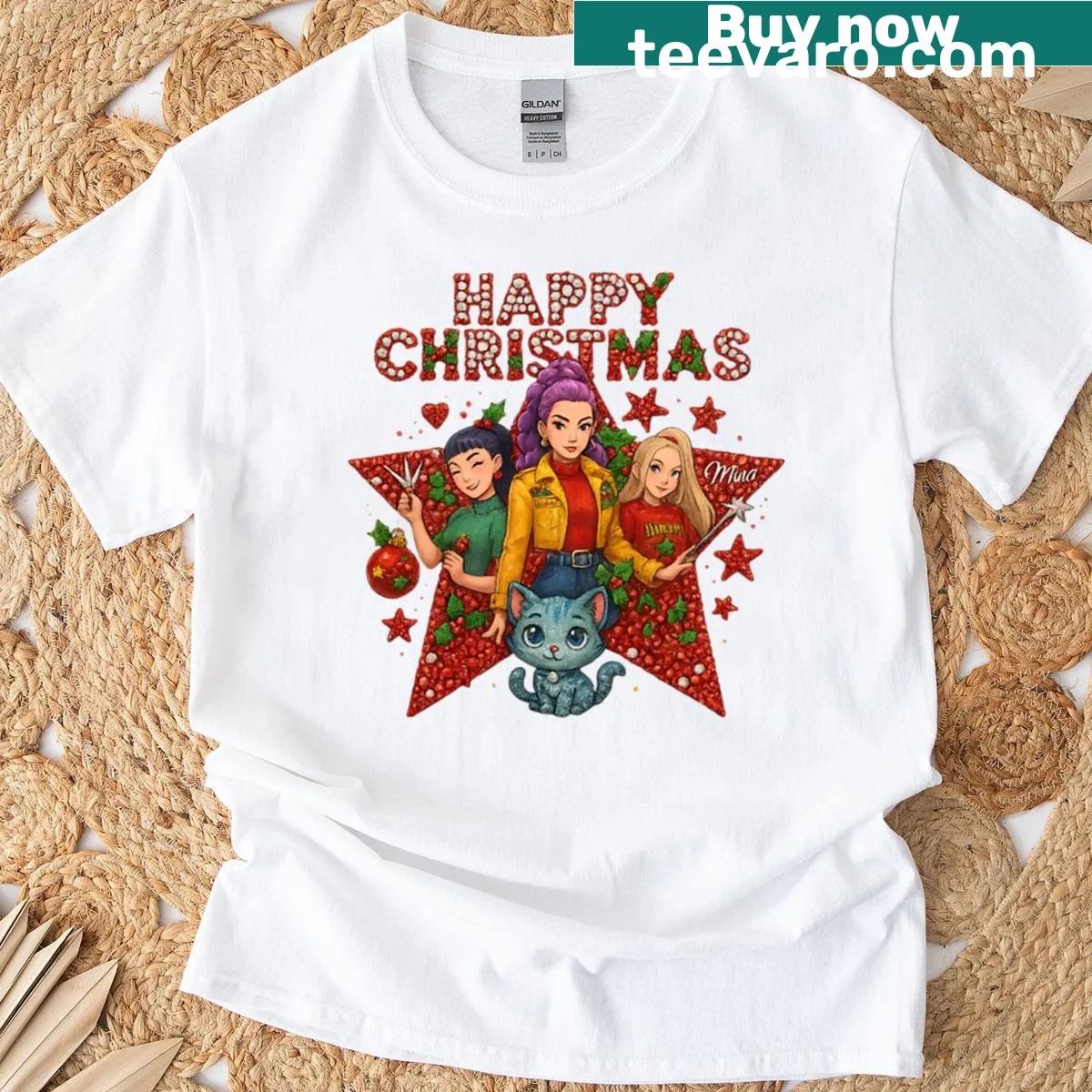 Cartoon K-pop girls celebrating Christmas design — on a men's t-shirt