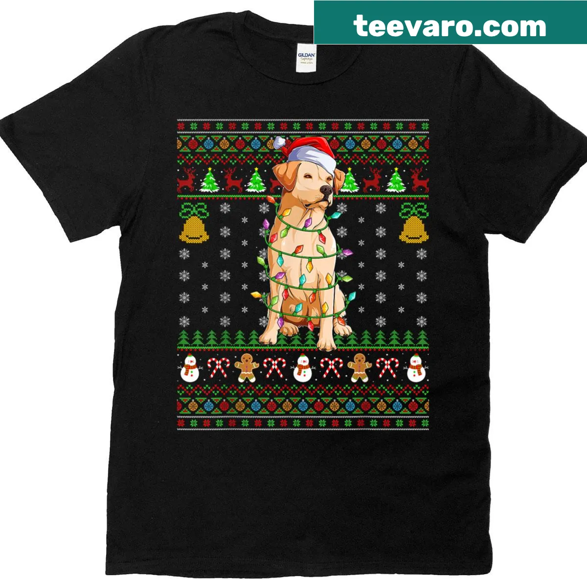 Funny Labrador Retriever with Christmas lights on an ugly Xmas t-shirt — on a men's t-shirt