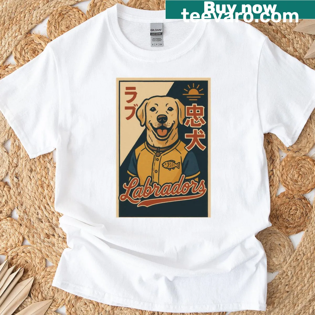 Vintage poster style T-shirt featuring a Labrador Retriever — on a men's t-shirt