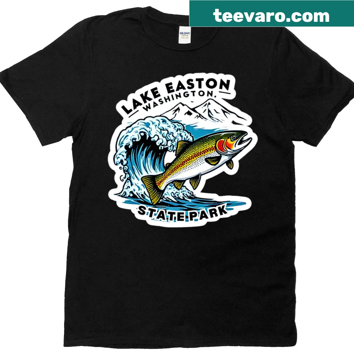 Lake Easton Washington fishing themed T-shirt — on a men's t-shirt