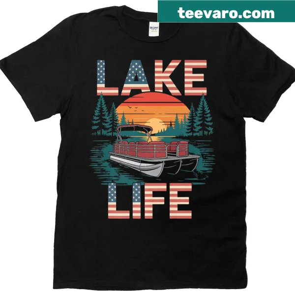 Illustration of a pontoon boat on a lake-themed t-shirt