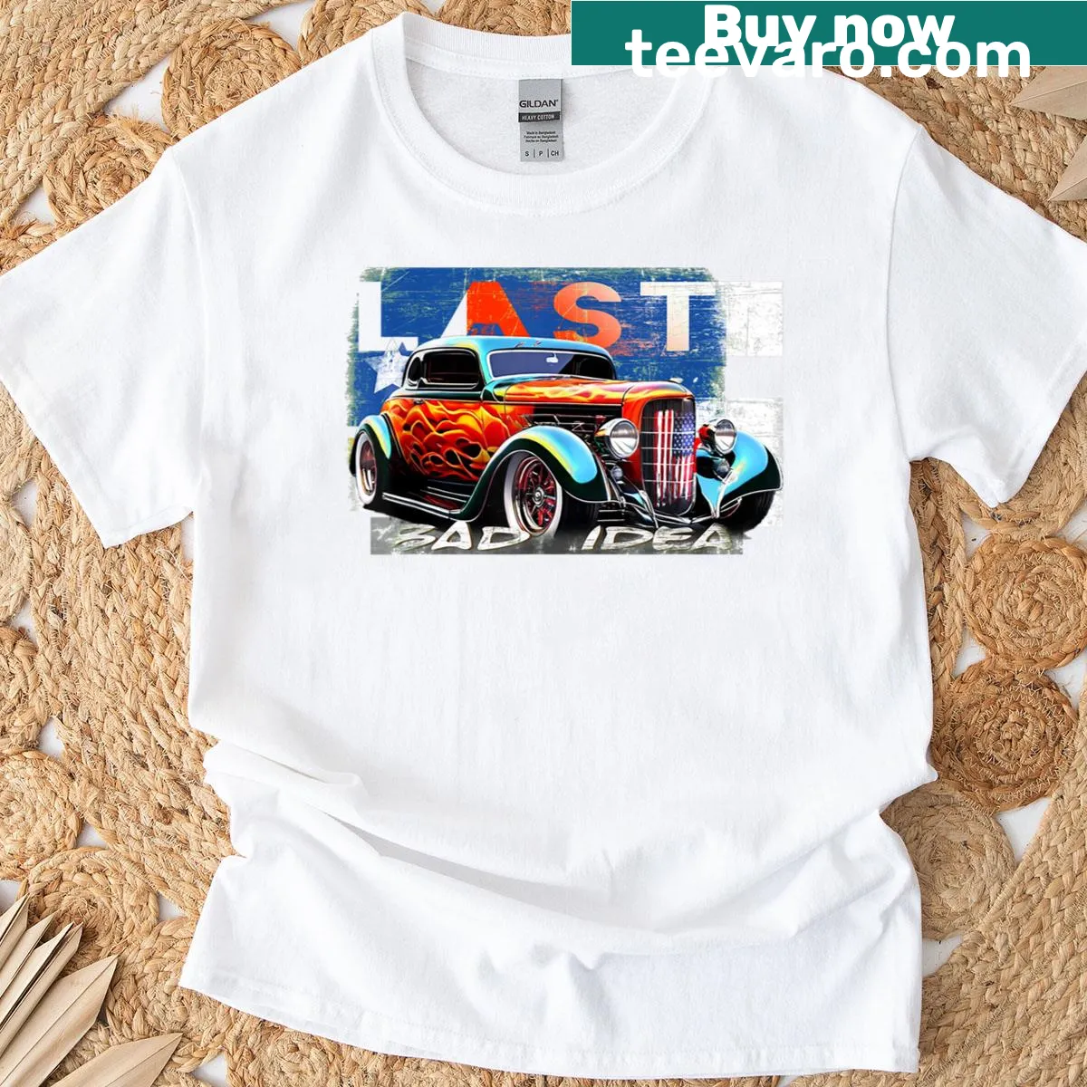 Nostalgic t-shirt with a barn find muscle car design — on a men's t-shirt