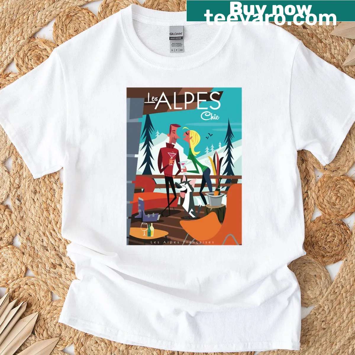 Vintage-style t-shirt featuring an Alps mountain poster design — on a men's t-shirt